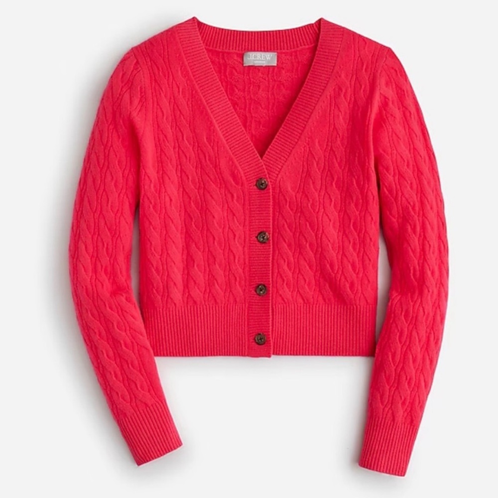 J crew neon berry red Cashmere shrunken cable-knit V-neck cardigan sweater